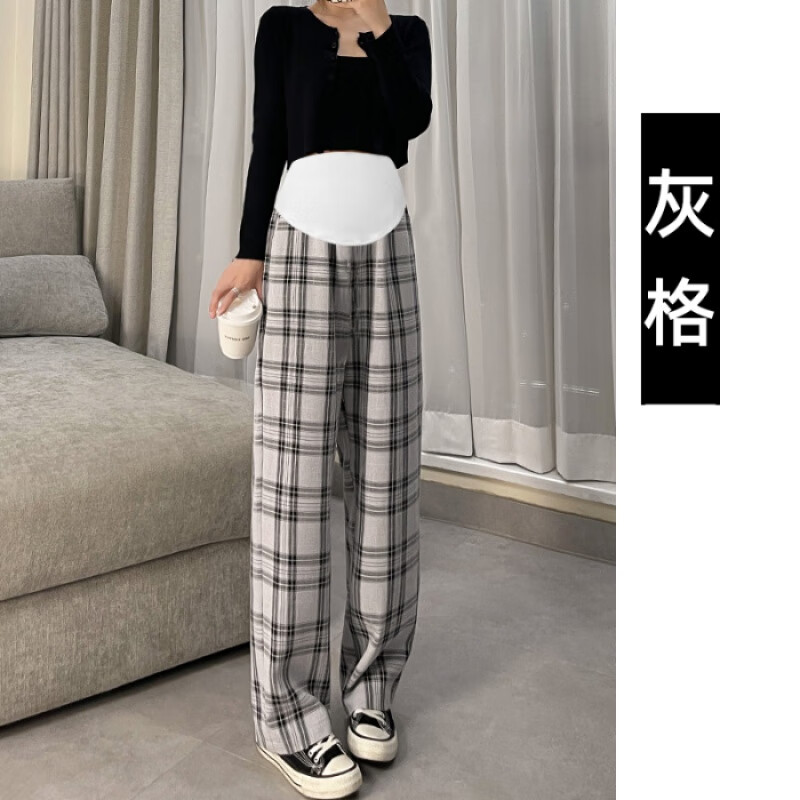苒琦妈咪裤子夏季薄款外穿格子阔腿裤宽松休闲显瘦直筒裤夏装百搭长裤 灰格 XXL