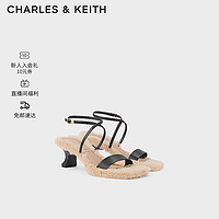 CHARLES&KEITH24春季毛绒一字带羊皮高跟凉鞋女SL1-61900028 Black黑色 39