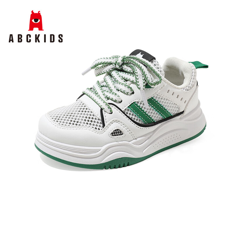 ABC KIDS童鞋男女儿童休闲运动鞋网面透气舒适休闲鞋防滑板鞋 白绿 34码 内长约19.5cm