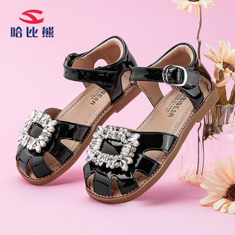 哈比熊（HOBIBEAR）童鞋夏季镂空透气儿童凉鞋儿童公主鞋水钻凉鞋JD20U83黑色35码