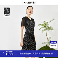 娜尔思（NAERSI）【艺术烧花】印花连衣裙女2024夏装通勤波点荷叶袖裙子 黑色 M