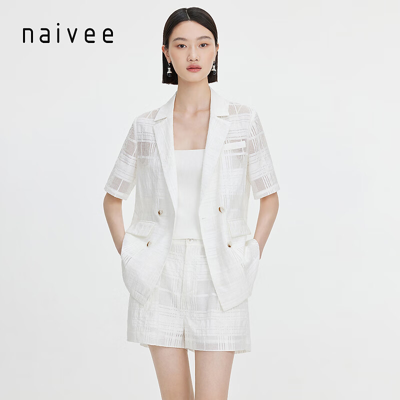 纳薇（naivee）24夏经典知性通勤格纹肌理双排扣翻领中袖西装外套 白色 165/88A/L