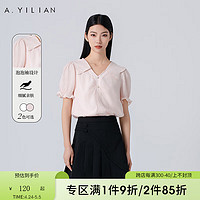 阿依莲（A.YILIAN）翻领短袖衬衫女2024夏季V领法式别致衬衣小众设计上衣 浅粉红 M