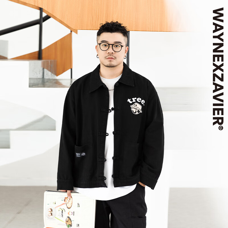 韦恩泽维尔 WAYNEXZAVIER大码新中式外套男春秋季宽松盘扣设计感刺绣夹克8572 黑色 2XL（160-210斤）