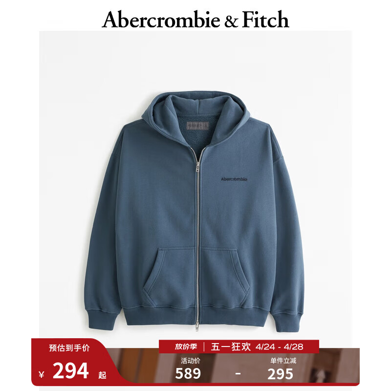 ABERCROMBIE & FITCH男装 24春夏百搭时尚Logo 款全拉链帽衫 KI122-4251 蓝色 M