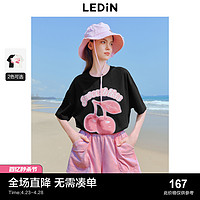 LEDIN 乐町 甜美少女感字母樱桃印花T恤女2024夏季新款宽松oversize短袖