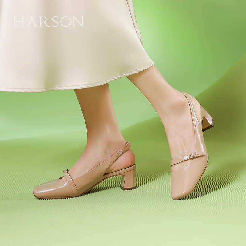 哈森【】2024夏季方头纯色粗跟后空玛丽珍女凉鞋HM247001 杏色 36
