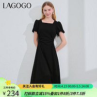 lagogo拉谷谷法式方领黑色连衣裙女2024夏收腰修身赫本风裙子 黑色(W1) XL