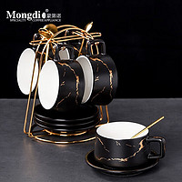 Mongdio 咖啡杯套装陶瓷挂耳美式杯碟拿铁杯下午茶杯碟 裂痕黑（4杯4碟4勺+金架） 220ml