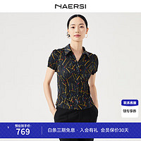 娜尔思（NAERSI）褶皱印花短袖衬衫女2024夏装通勤时尚修身上衣 黑色 M