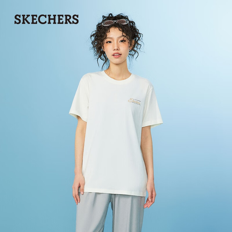 斯凯奇（Skechers）男女同款舒适针织圆领短袖透气舒爽吸湿速干T恤L224U079 棉花糖白/0074 M