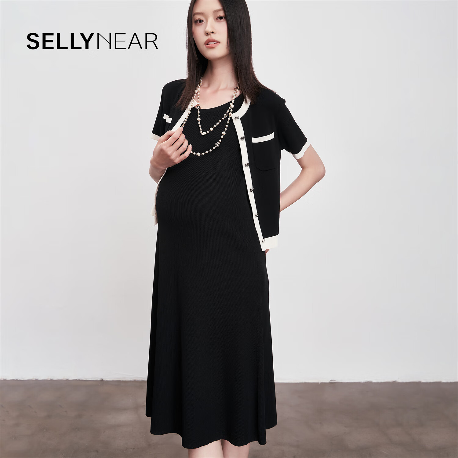 Sellynear春夏2024高级感套装经典撞色小香风针织两件套 黑色 S