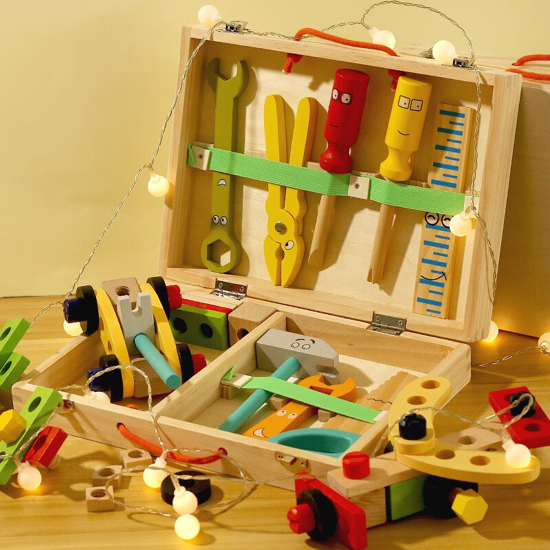 好沐音（haomuyin）儿童工具箱玩具男孩拧螺丝钉拆装拼装岁女孩宝新年 34件套卡通工具箱木盒装