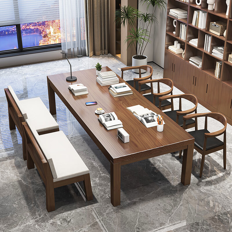 晶耀实木客厅大长书桌电脑桌简约家用写字学习桌阅读长条办公桌学习桌 2.4米桌+总统椅3+1.2米沙发椅2 标准款