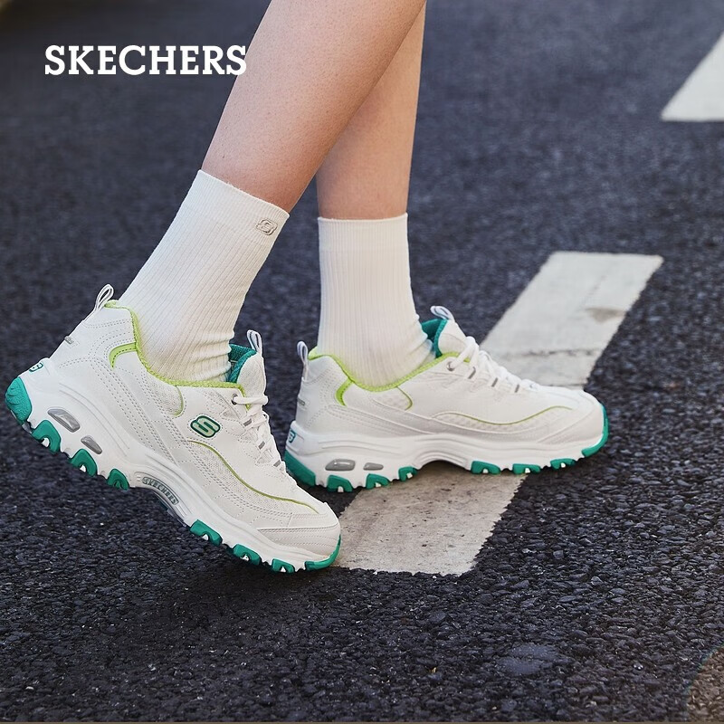 斯凯奇（Skechers）女鞋小白熊女士休闲鞋子厚底增高百搭运动软底老爹鞋女99999863 白色/绿色/WGR 39