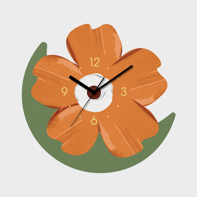 默泰时记钟表挂钟客厅简约时钟现代家用挂壁钟创意花朵设计扫秒钟 橙花绿叶无灯款 12英寸 30*30CM