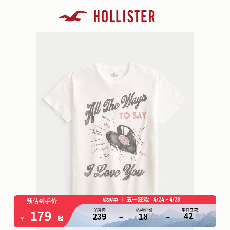 HOLLISTER24春夏美式风棉质宽松图案圆领短袖T恤 女 356681-1 乳白色 XXS (160/80A)
