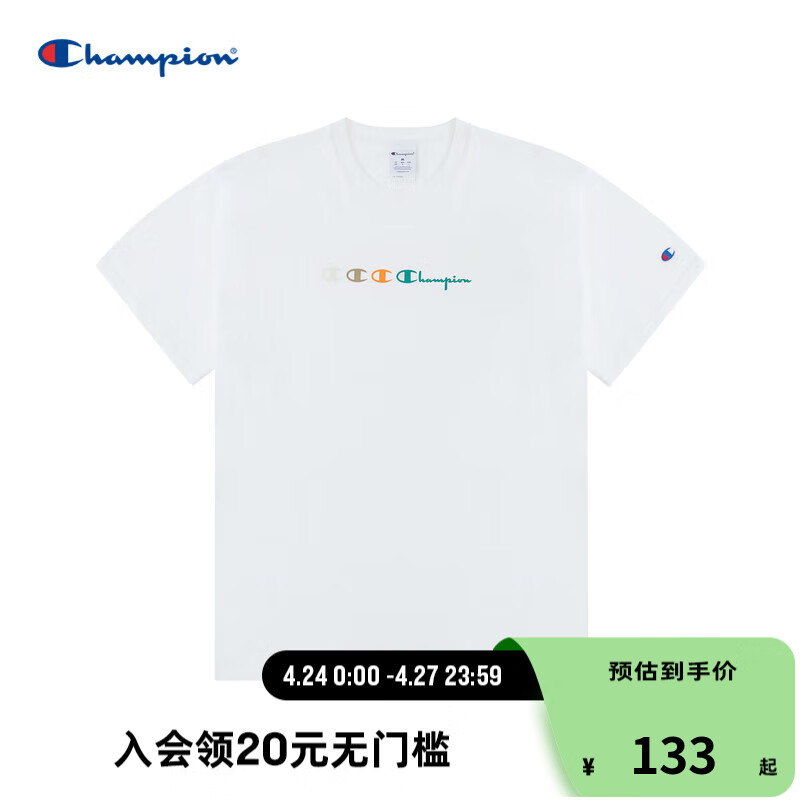 Champion冠军夏季刺绣大C草写字母LOGO圆领T恤男 白色 M