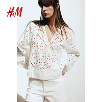 H&M女装衬衫2024春季时尚刺绣V领灯笼长袖棉质宽松上衣1216032 白色 160/88 S