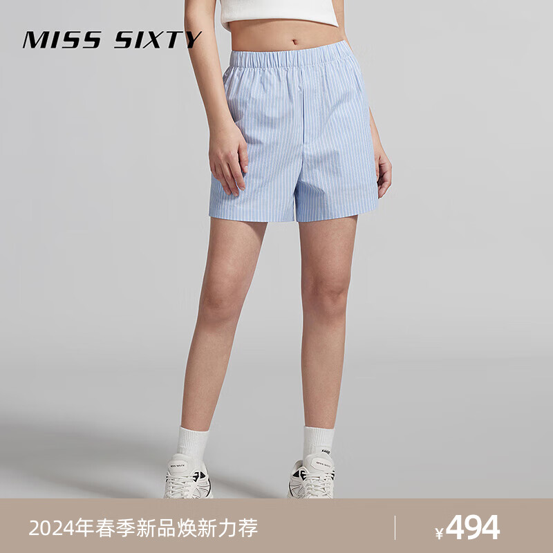 MISS SIXTY2024夏季短裤女松紧腰蓝白条纹运动休闲风减龄百搭 蓝/白 L