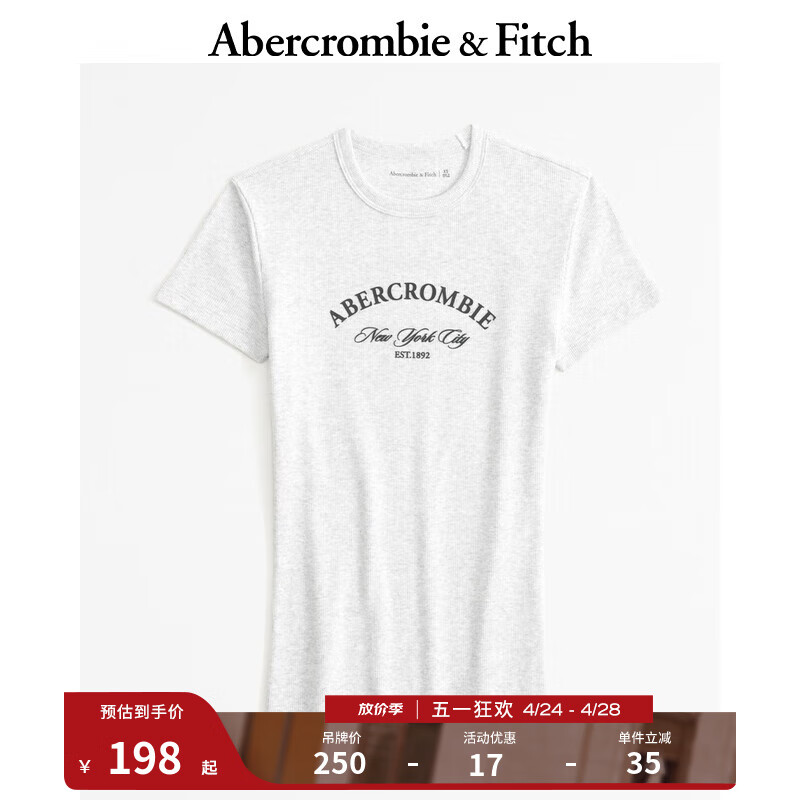 ABERCROMBIE & FITCH女装 24春夏圆领纯色简约时尚百搭短袖T恤 358669-1 浅灰色 XXS (160/80A)