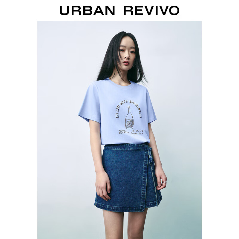 UR2024夏季女装时尚休闲百搭图案印花圆领短袖T恤UWU440052# 粉蓝 S