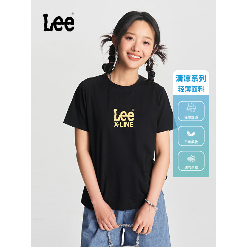 Lee24春夏标准版圆领印花Logo凉感轻薄女短袖T恤LWT008224202 黑色 XS
