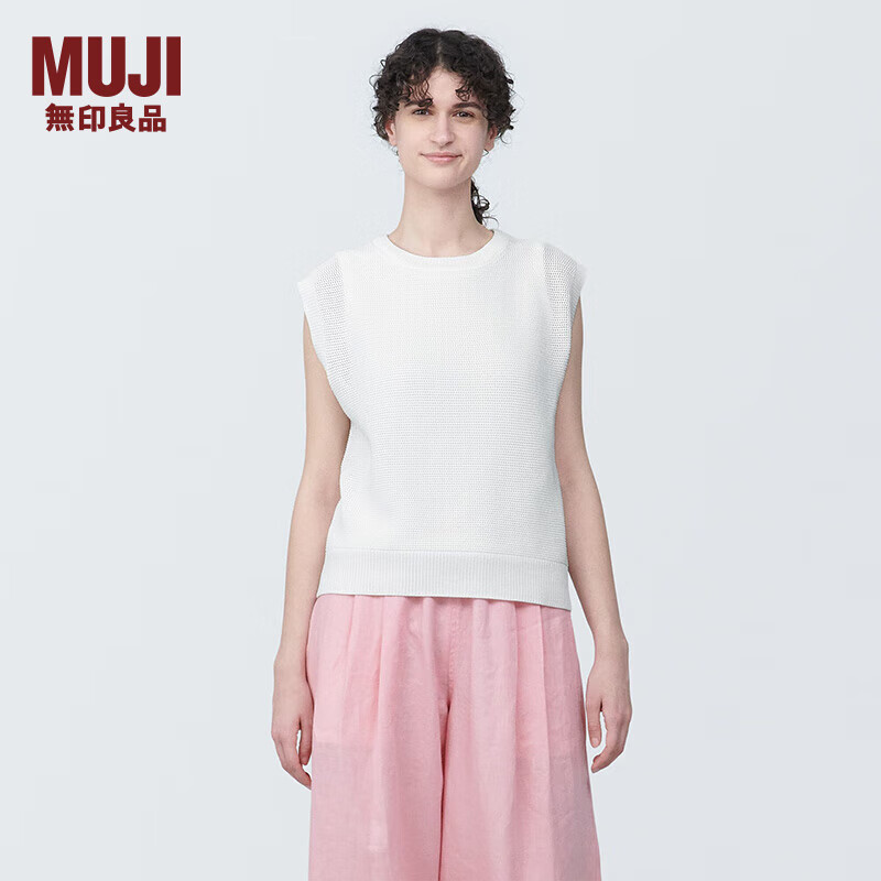 无印良品（MUJI） 女式 强捻网眼 法国袖毛衣 女款夏季 纯棉全棉背心 BA1OJA4S 白色 XL (165/92A)