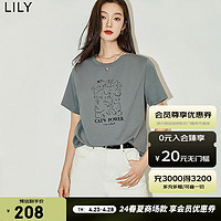 LILY2024夏女装时尚设计感趣味印花百搭休闲宽松短袖T恤上衣 501灰色 L