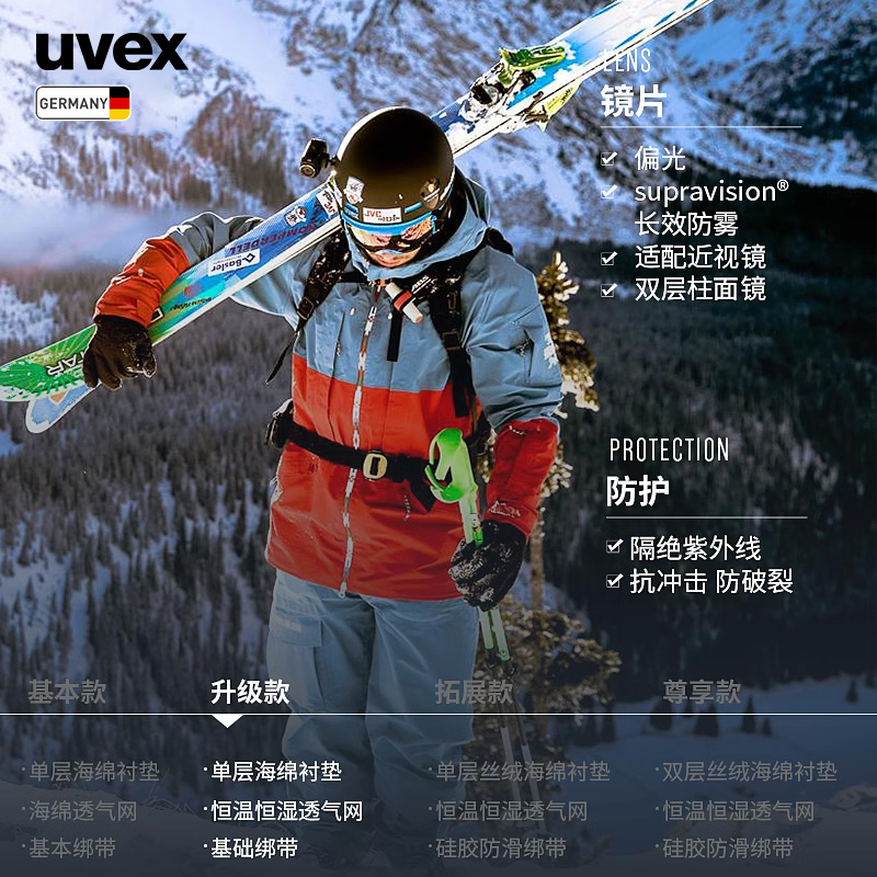 德国uvex ggl 3000 P优维斯偏光滑雪镜长效防雾可近视镜亚洲成人