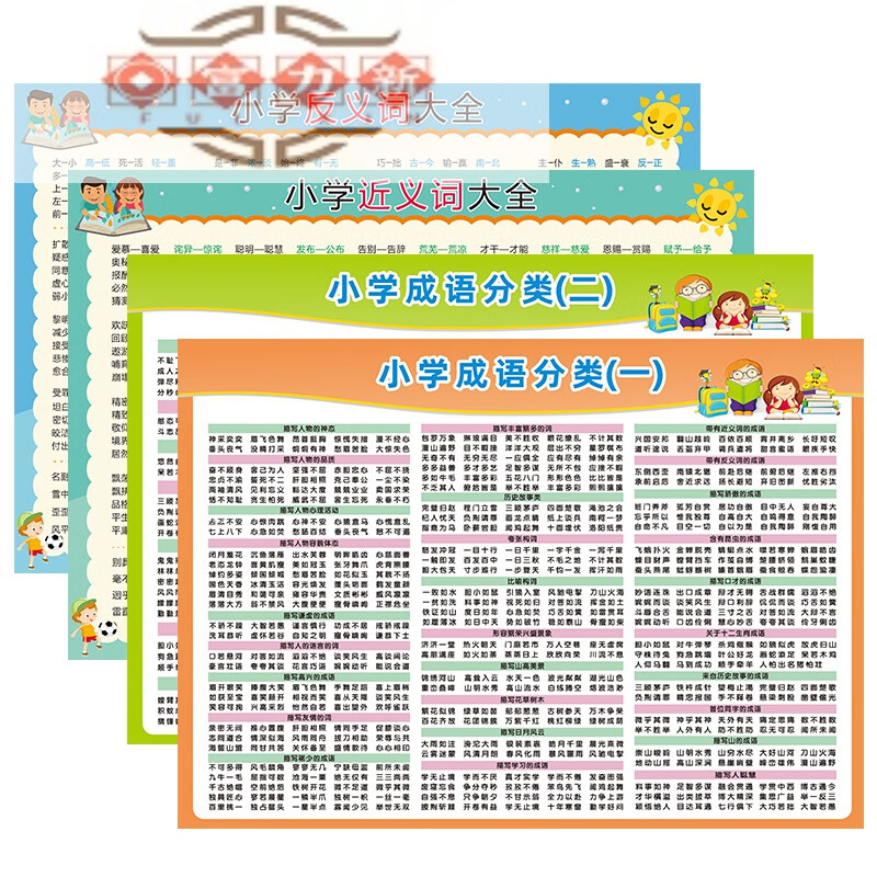 富力新小学汉语拼音声母表韵母表 墙贴全套声母韵母整体认读音节挂图 近反+成语(4张)(自带胶) 超小