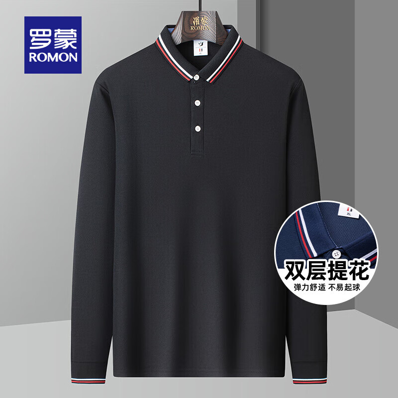 罗蒙（ROMON）长袖T恤时尚撞色翻领Polo中青年潮流百搭t恤男 黑色 190/3XL (165-180斤)