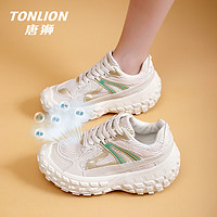 唐狮（TonLion）鞋子女鞋春夏季厚底老爹鞋女款透气网面鞋女士运动小白鞋 米色 35 35码