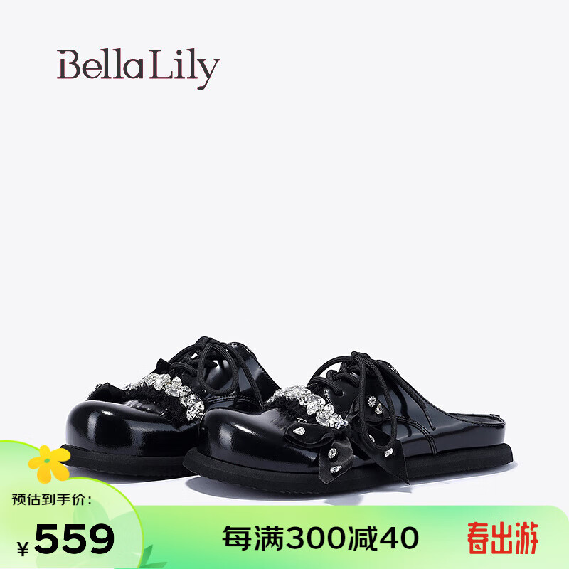 Bella Lily2024春季蝴蝶结半包拖鞋女水钻单鞋外穿做旧脏脏鞋 黑色 38