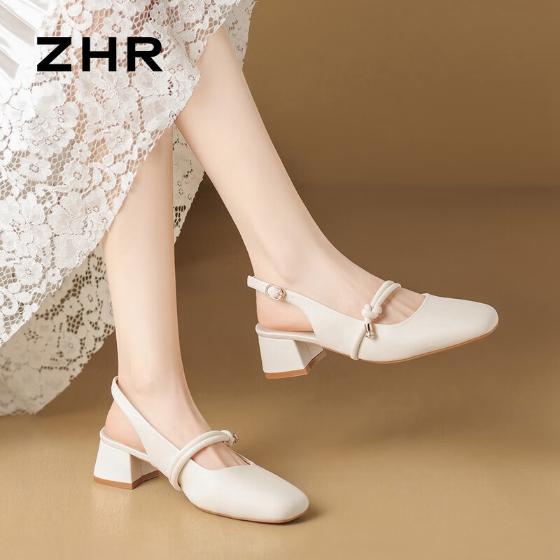 ZHR时尚包头凉鞋女2024春季甜美中跟粗跟鞋子方头一字扣女鞋 米色 36