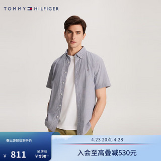 TOMMY HILFIGER 24春季男装纯棉通勤细条纹小绣标合身版短袖衬衫33808 深蓝白条纹0A6 L （：150-165斤）