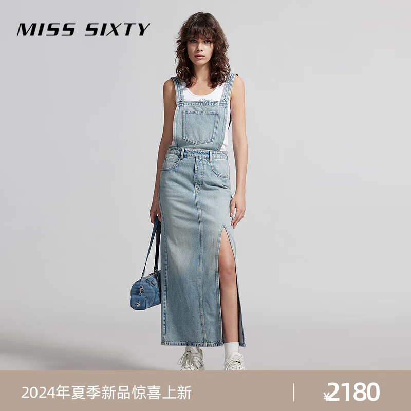 MISS SIXTY2024夏季背带牛仔连衣裙减龄少女感复古工装开衩 中蓝 XS