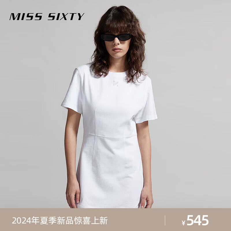 MISS SIXTY2024夏季连衣裙女圆领钻饰字母纯色收腰百搭休闲风 白色 L