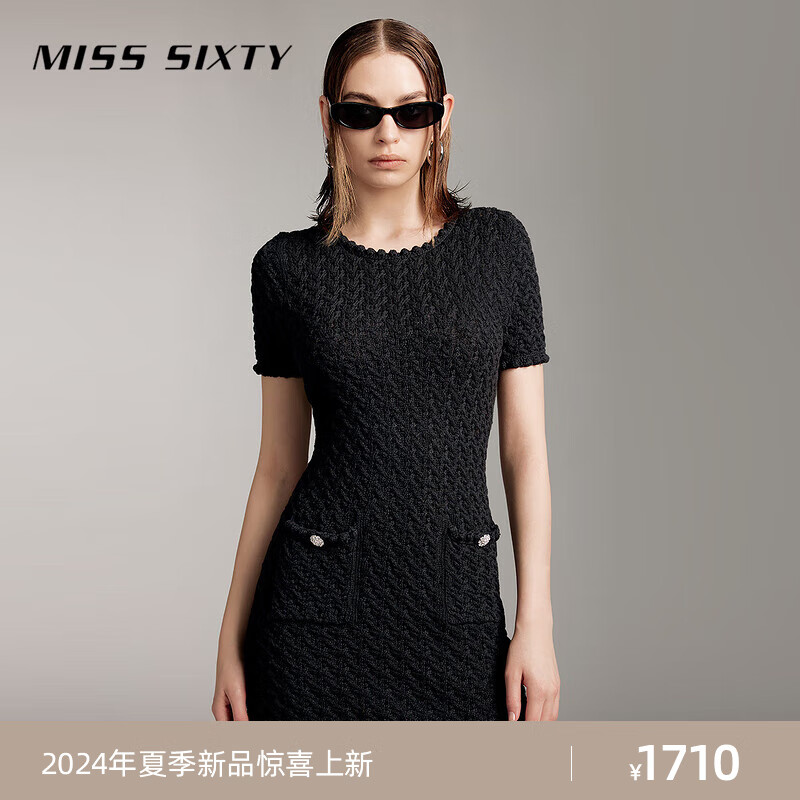 MISS SIXTY2024夏季针织连衣裙女圆领钻饰小香风度假小黑裙 黑色 XS