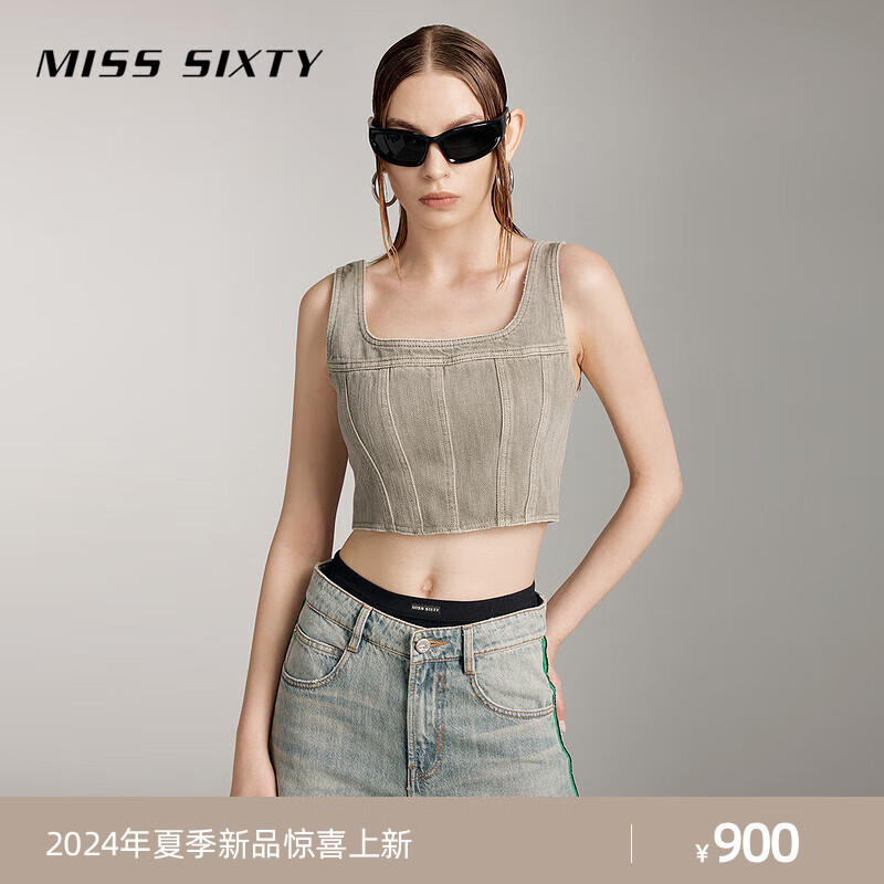 MISS SIXTY2024夏季牛仔上衣女无袖短款修身复古美式辣妹性感 灰绿 XS
