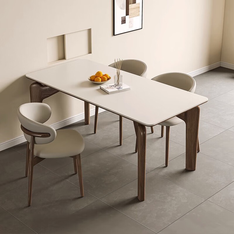 CLCR实木餐桌奶油风现代简约白蜡木长方形北欧大象腿岩板餐台椅组合 单桌 160cm