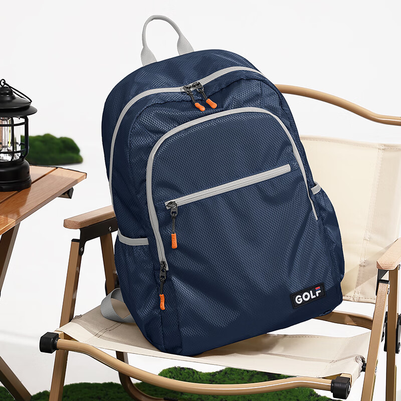 高尔夫（GOLF）可折叠双肩包男女电脑包15.6英寸笔记本出差旅行背包户外登山运动 深蓝色-小包为折叠效果