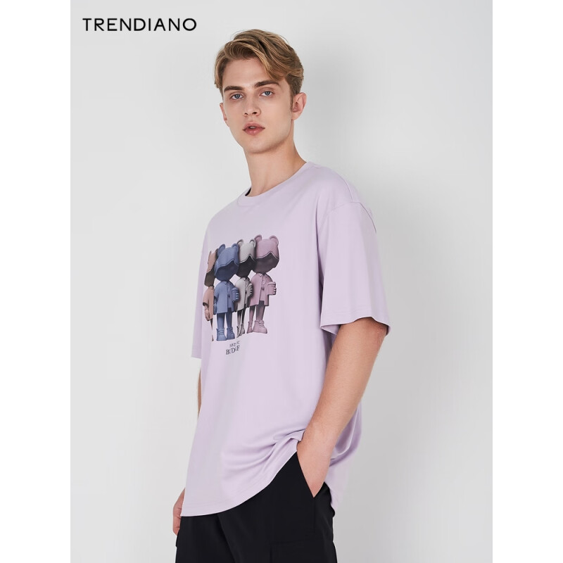 TRENDIANO系列潮牌印花短袖2024年夏季宽松休闲时尚 粉紫 XXL