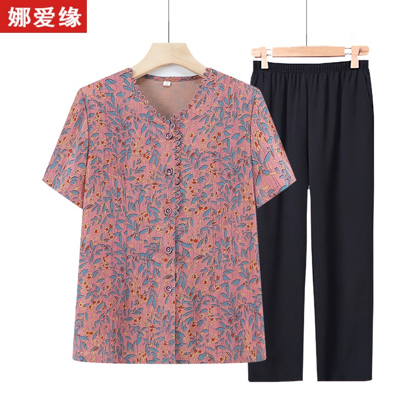 娜爱缘中老年人夏装套装女奶奶短袖装老太太衬衫老人衣服两件套服装 红色上衣+黑色裤子 3XL(115-130斤)