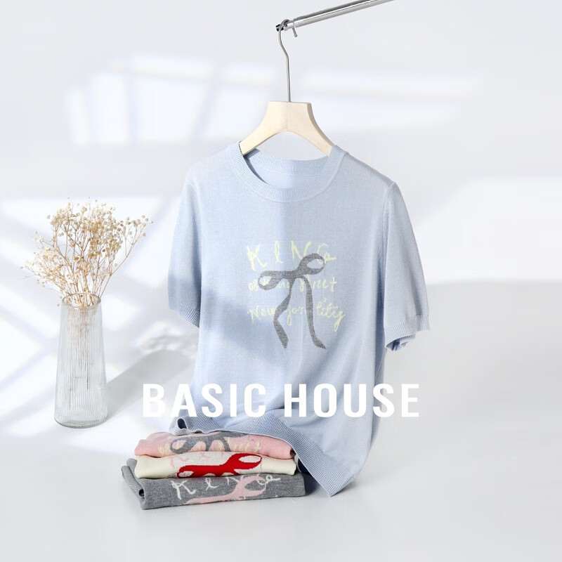 Basic House/百家好春季时尚宽松印花百搭休闲针织衫-B0624B5I392 麻蔚蓝 L110-125斤