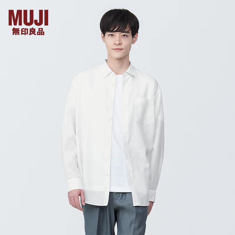 无印良品 MUJI 男式 麻混 长袖衬衫 男士衬衣外套 早春 AC1XAA4S 白色 M 170/92A