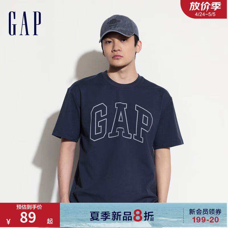 Gap【夏季】男女装2024撞色logo圆领短袖T恤纯棉上衣544465 藏青色 175/96A(L) 亚洲尺码