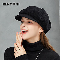 KENMONT 卡蒙 日系可爱纯羊毛针织贝雷帽女秋冬季英伦复古纯色报童帽堆堆帽9320 黑色 可调节(57.5cm)