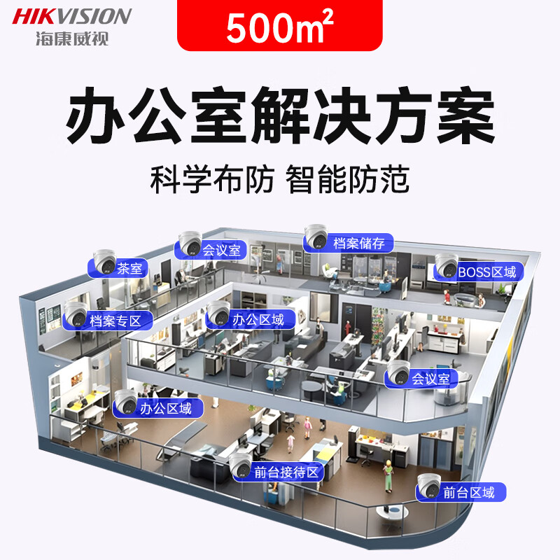 HIKVISION海康威视安防监控摄像头 室内高清监控器带硬盘录像机存储30天 500平米办公室监控解决方案