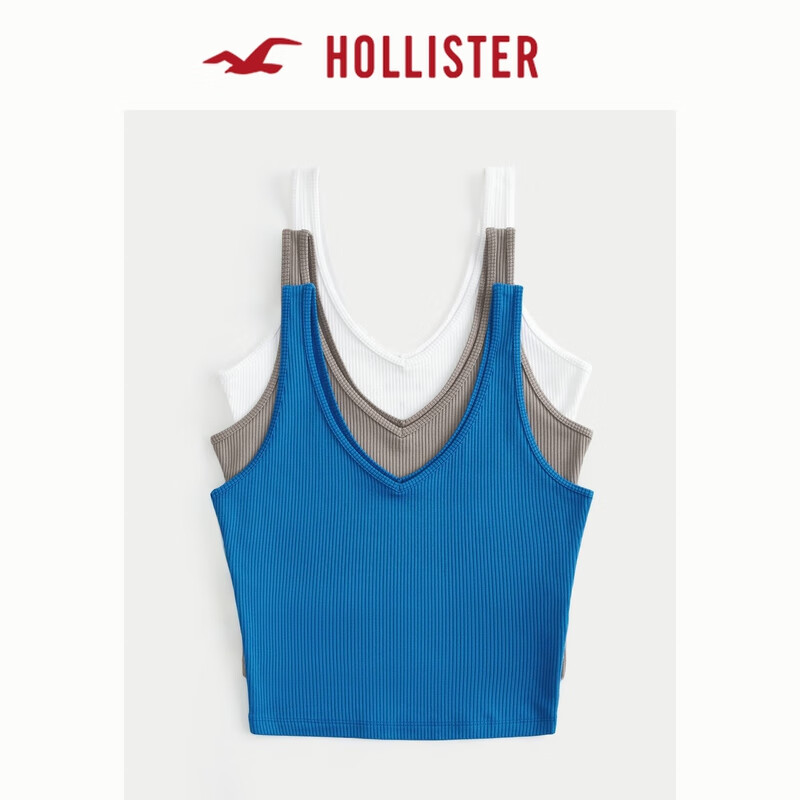 HOLLISTER24春夏辣妹百搭3件装罗纹面料V领背心 女 358328-1 白色 - 浅棕色 - 蓝色 S (165/88A)